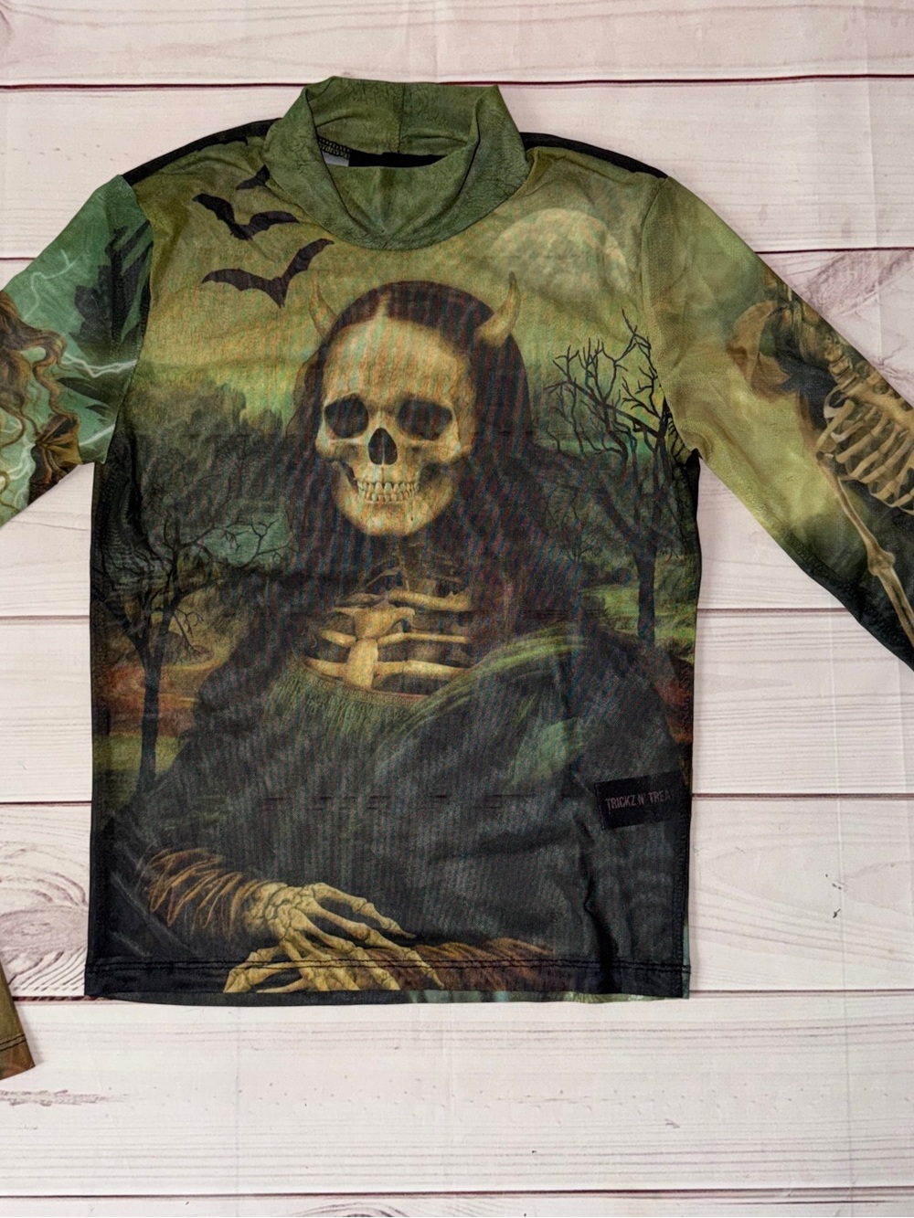 💀 Trickz N Treat Skeleton Mesh Mock Neck Long Sleeve Top Goth Halloween S